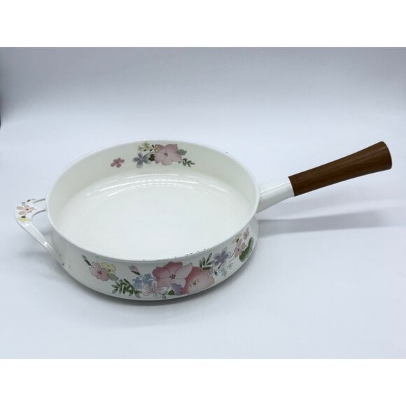 Vintage Cookware w/Floral Enamel Frying Pan With Wooden Handle - Picture 2 of 10